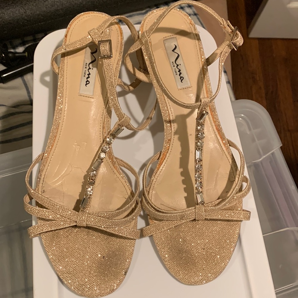 Nina Sandals low heels Shimmering Gold Rhinestones Size 39.5